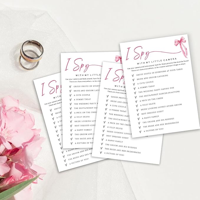 Wedding Shower Games Cards, I Spy with My Little Camera, Bridal Shower Games 25 Guests, Engagement Party Wedding Games for Guests, Pink Ribbon Bow Wedding Party Supplies - E02