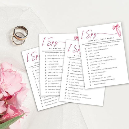 Wedding Shower Games Cards, I Spy with My Little Camera, Bridal Shower Games 25 Guests, Engagement Party Wedding Games for Guests, Pink Ribbon Bow Wedding Party Supplies - E02