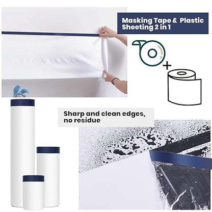 ADHES Painters Plastic with Tape, Painters Tape with Plastic Attached, Pre Taped Masking Film Tape and Drape for Automotive Painting Covering, 90 feet, 3 Sizes