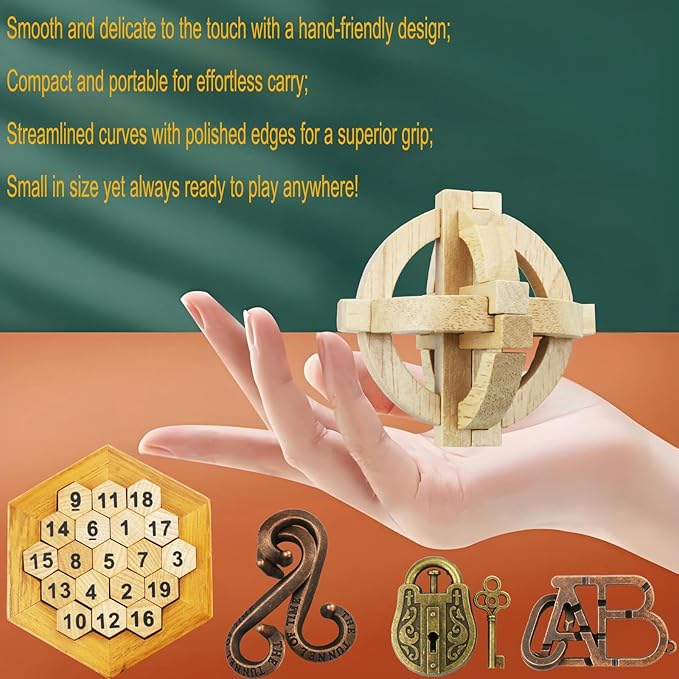 Arlai 12 pcs Wooden Brain Teaser Puzzle and Metal 3D Unlock Interlocking Jigsaw Educational Toy for Kids and Adults Brain Games Durable Easy to Assemble Birthday Gifts Educational Toys