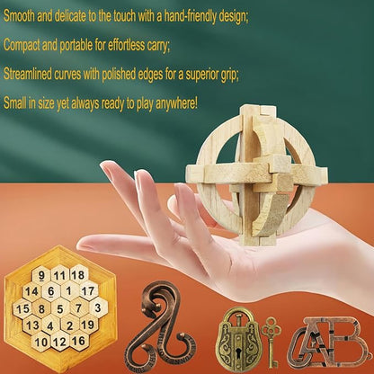 Arlai 12 pcs Wooden Brain Teaser Puzzle and Metal 3D Unlock Interlocking Jigsaw Educational Toy for Kids and Adults Brain Games Durable Easy to Assemble Birthday Gifts Educational Toys