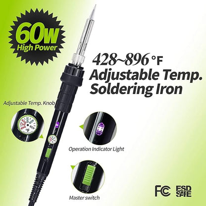 YIHUA 947-III 60W Soldering Iron Kit Temperature Adjustable 428-896°F 2-IN-1 Soldering Kit with Simple Soldering Iron Stand and Cleaning Sponge 110V US Power Plug
