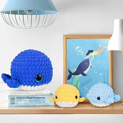 Crochet Kit for Beginner, Upgraded Easy Yarn Crochet Starter Kit w Step-by-Step Video Tutorials, Beginner Crochet Kit for Adults & Kids, Men & Women, Complete Kit Included, 3Pack Whale Family