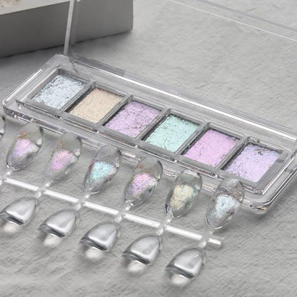 Iridescent Nail Glitter Set, 6 Colors Mud Texture Aurora Chrome Powder, Pink Blue Pearlescent Glitter, Chameleon Nail Flakes Gold Leaf, Holographic Manicure Decor