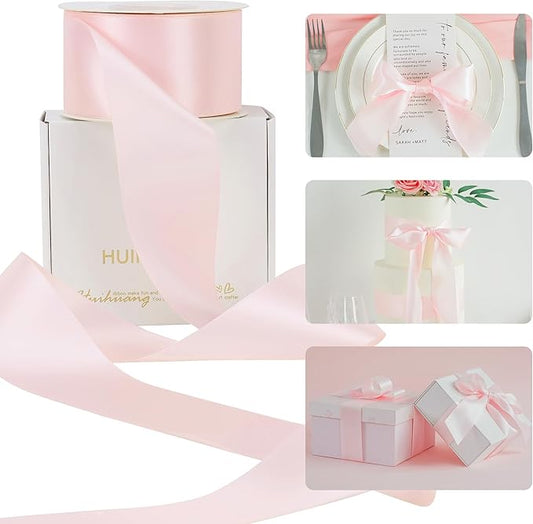 HUIHUANG Pink Ribbon 2 inch Wide Double-Faced Baby Pink Satin Silk Ribbon for Flower Bouquet Wrap, Baby Shower, Wedding Decor, Gift Wrapping, Hairs, Hats, Crafts and Bows Making- 25 Yards/Roll