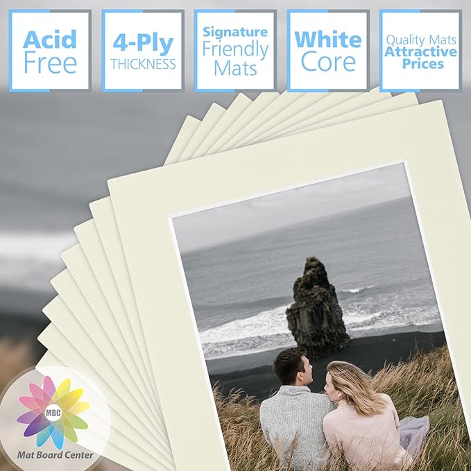 Mat Board Center, Pack of 10, 5x7 for 4x6 Light Gray Color Mats - Bevel Cut, Acid Free, 4-ply Thickness, White Core - for Pictures, Photos, Framing