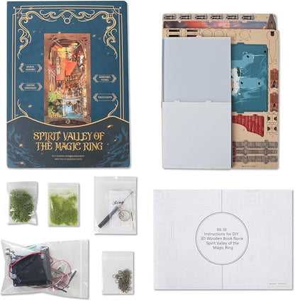 DIY Book Nook Kit,New DIY Dollhouse Booknook Bookshelf Insert Decor,3D Wooden Puzzles with LED,Book Nook Miniature Kit,Birthday Easter Home Decor for Teens Adult (Spirit Valley of The Magic Ring)