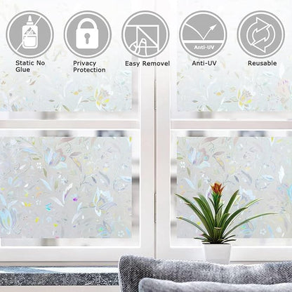 LEMON CLOUD Window Film, Decorative Window Privacy Film, 3D Stained Glass Window Sticker,Anti-UV Sun Blocker Heat Control for Home(Rainbow Tulip Design,45.2 x 78.7 inches)