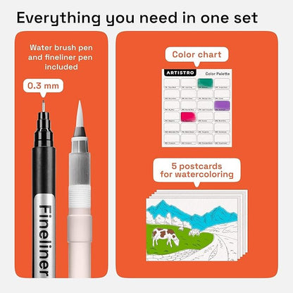 ARTISTRO 24 Watercolor Markers with Flexible Paint Brush Pens for Pros & Beginners - Consistent, Smooth, Bright, Washable, Non-Toxic, Ideal for Coloring, Calligraphy, & Manga
