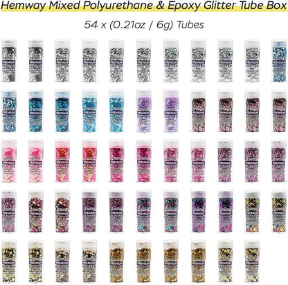 Hemway Mixed Polyurethane & Epoxy Resin Glitter Box (Pack of 54) | Metallic Flakes Shaker Set for Arts & Crafts | Assorted Colour Craft Supplies for Making Cards, Jewellery, Tumblers & Coasters