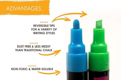 Bandle B. Chalk Markers - 8 Vibrant, Erasable, Non-Toxic, Water-Based, Reversible Tips. For Glass or Chalkboard Markers for Businesses, Restaurants, Liquid Drawing Chalk (Vibrant 6mm)