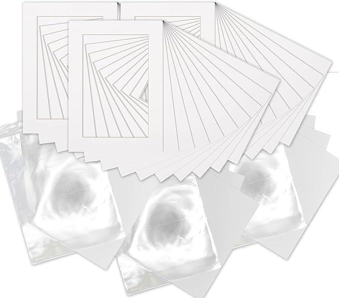 6x8 Mat for 8x10 Frame - Precut Mat Board Acid-Free Show Kit with Backing Board, and Clear Bags White 6x8 Photo Matte Made to Fit a 8x10 Picture Frame Matboard for Framing, Pack of 25 Mats