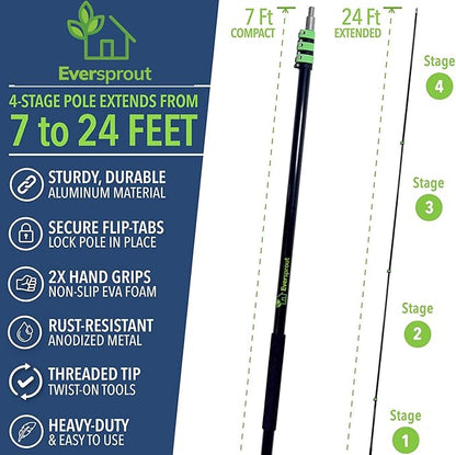 EVERSPROUT 7-to-24 Foot Telescopic Extension Pole (30 Foot Reach) | Heavy-Duty Sturdy Aluminum | Easy Flip-Tab Lock Mechanism | Twist-On Metal Tip Works for Squeegee, Duster, Paint Roller (Pole only)
