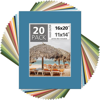 Mat Board Center, Pack of 20, 16x20 Mixed Colors White Core Picture Mats Mattes Matting for 11x14 Photo