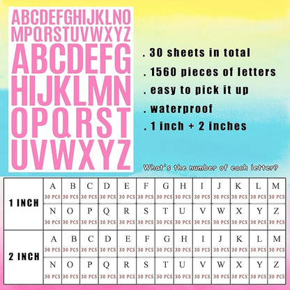 Bemeol Letter Stickers 1560 Pieces 30 Sheets Stick on Vinyl Letters Capital Alphabet Sticker Letter for Craft Bulletin Boards Classroom Home Business Decor(Pink,1 Inch,2 Inch)