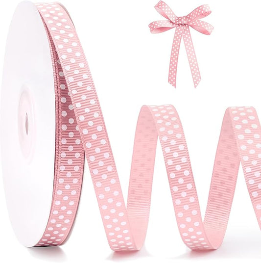 Polka Dot Grosgrain Ribbon 3/8 Inch, 25 Yards Spool Pink and White Dot Craft Ribbon for Christmas Gift Wrapping DIY Crafts Hair Bows Wedding Party Decor Sewing and Home Decoration