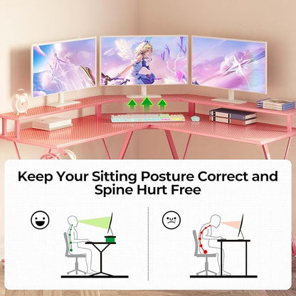 SEVEN WARRIOR Gaming Desk 50.4” with LED Light & Power Outlets, L-Shaped Gaming Desk Carbon Fiber Surface with Monitor Stand, Ergonomic Gamer Table with Headphone Hook, Pink
