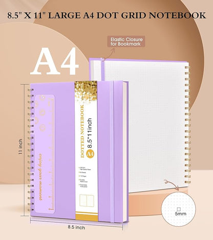 Dotted Notebook, Spiral Notebook Journal 8.5” x 11”, A4 Large Dot Grid Notebooks for Women Men, 100 GSM Dotted Paper, Plastic Hardcover Spiral Bullet Journals for Work School Sketching, Purple