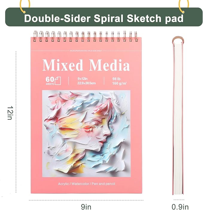 Ddaowanx Mixed Media Sketchbook, 9x12 inches Sketch Pad 60 Sheets (98lb/160gsm) Heavyweight Drawing Papers, Top Spiral Bound Hardcover Watercolor Paper, for Wet and Dry Media (1)