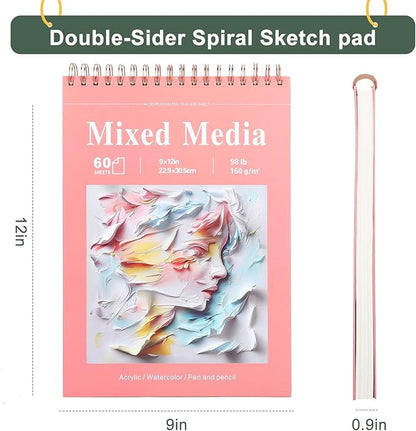 Ddaowanx Mixed Media Sketchbook, 9x12 inches Sketch Pad 60 Sheets (98lb/160gsm) Heavyweight Drawing Papers, Top Spiral Bound Hardcover Watercolor Paper, for Wet and Dry Media (1)