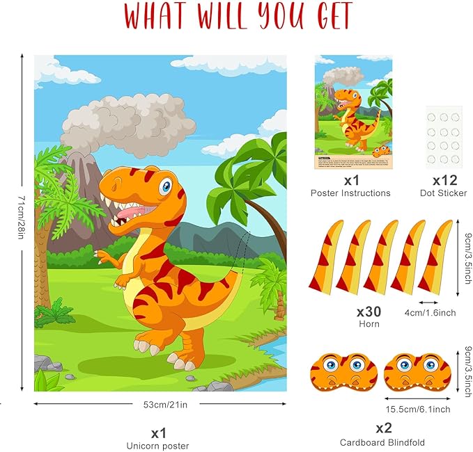 ASTARON Pin The Tail on The Dinosaur Party Game with 30 Tail Stickers for Dinosaur Birthday Party Supplies Pin Game, Boys Party Dinosaur Favors Decorations for Christmas