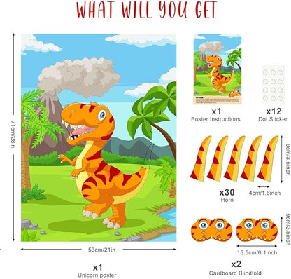 ASTARON Pin The Tail on The Dinosaur Party Game with 30 Tail Stickers for Dinosaur Birthday Party Supplies Pin Game, Boys Party Dinosaur Favors Decorations for Christmas