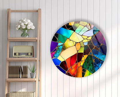 My Photostation.com 39,4''(100cm) Diameter Multicolor Round Stained Glass Wall Art Vibrant Mosaic Abstract Panel Tempered Glass Printing Wall Decor Large Wall Art Wall Hangings