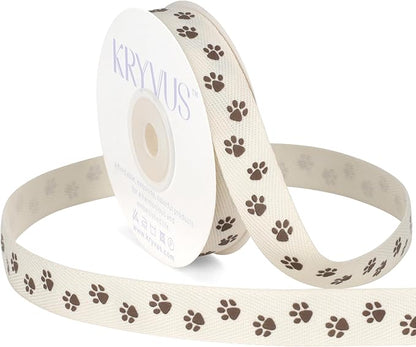 Paw Print Ribbon - 5/8 Inch x 12 Yards Natural Twill Tape Ribbon, Cotton Herringbone Ribbons for Gift Wrapping, Crafts, Dog Party Supplies, DIY Decoration