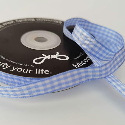 Light Blue Gingham Plaid Checked Ribbon 25 Yard Each Roll 100% Polyester (3/8", Lt.Blue)