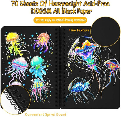 5x7in Black Paper Mixed Media Sketchbook, 110gsm Spiral Bound Art Journal Sketchbook, 70Sheets Acid-Free Travel Pocket Sketch Pad for Drawing, Illustration, Ideal for Most Dry Media