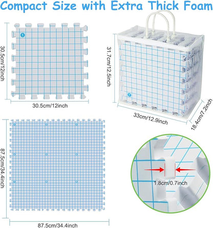MEVOME Blocking Mats for Knitting with 20pcs Knitting Blockers 200 T-pins 104 Locking Stitch Markers, Extra Thick Block Boards with Grids Storage Bag for Needlepoint Crochet - Pack of 9 (White)