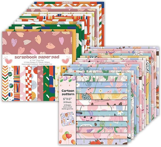 48 Sheets 24 Designs Scrapbook Paper Pad, 6"×6" Single-Sided Decopodge Craft Cardstock Paper,Scrapbooking DIY Decorative Background Cardmaking Supplies.Sweet Love&Cartoon