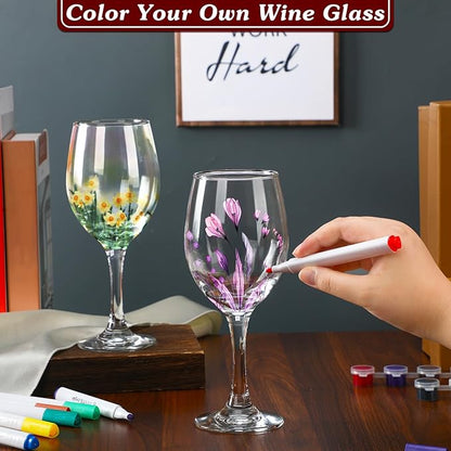 Pickmesh 4 Set Paint Your Own Glasses Kit for Adults 15 oz Wine Glass 12 Pcs DIY Markers 12 Colors Acrylic Paint with Brushes to Design Your Own Wine Glasses Gifts(High Feet)