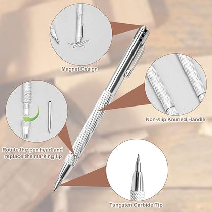 2Pcs Tungsten Carbide Tip Scriber With 12 Replacement Marking Tip, Aluminium Magnet Carbide Scribe Tool Etching Pen With Clip, Metal Engraving Pen for Glass / Ceramics / Hardened Steel / Metal Sheet