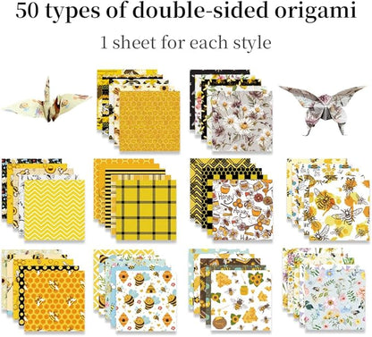 Square Origami Paper 6x6 Double Sided 50 Sheets 50 Colors 70GSM Origami Kit Japanese Chiyo Easy Fold Arts Crafts DIY Handwork Beginner Bee