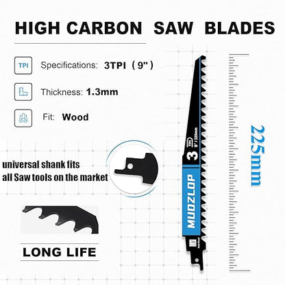 5 Pack 9 inch Reciprocating Saw Blades Set，3 TPI High Carbon Saw Blades for Woodcutting ，Saw Blades with Organizer Case (5, 3T/9inch)