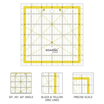 KERING Patchwork Quilting Ruler - 6x6 inch Non-Slip Acrylic Square Ruler for Foundation Paper Piecing, Bias Strips & Rotary Cutting, Durable Quilter's Tool with Anti-Slip Backing