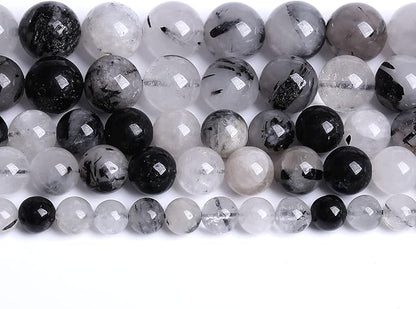 AAA Natural Black Quartz Rutilated Beads Round Loose Beads for Jewelry Making DIY Bracelet 32pcs 12mm Crystal Energy Healing Power Stone (Black Rutilated Quartz Crystal, 12mm)
