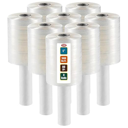 8 Pack Industrial Strength Mini Hand Stretch Wrap 5" 1000 Ft. Roll 80 Gauge Thick, Shrink Wrap Roll for Moving Supplies, Furniture, Pallets, Plastic Wrap for Packing, Heavy Duty Stretch Film