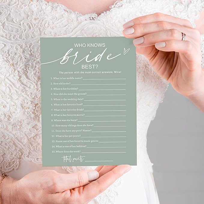 Bridal Shower Games Cards, 25 Guests, Modern, Green, Educational, Adult, Manual, English, 5 x 7 inches