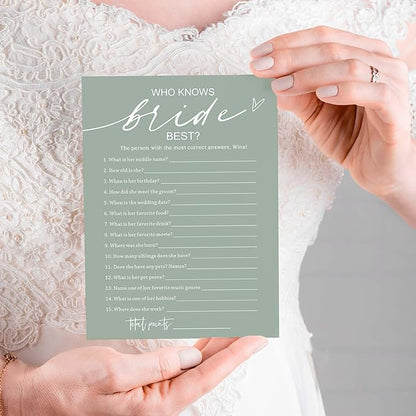 Bridal Shower Games Cards, 25 Guests, Modern, Green, Educational, Adult, Manual, English, 5 x 7 inches