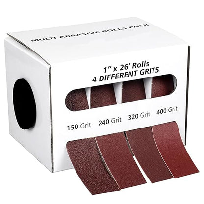 Emery Cloth Roll,4 Grits 1'' x 26FT Abrasive Sandpaper Roll with Dispenser,150 240 320 400 Grit Sand Assortment,Sanding Paper & Sand Paper Sheets for Metal Auto Wood Dry & Wet Polishing.(4Rolls 26FT)