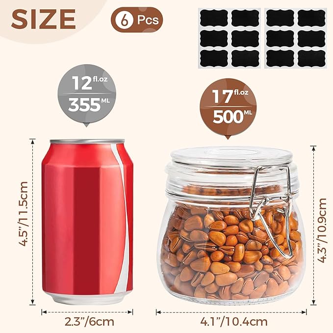 ComSaf Airtight Glass Jars with Lids 17oz Small Food Storage Container Set of 6 - Airtight Canister with Clear Preserving Seal Wire Clip Fastening for Kitchen Canning Pickling Mason jars