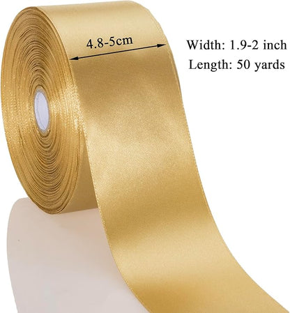 2 Inch Champaign Gold Solid Satin Ribbon, 50 Yards Craft Fabric Ribbon for Gift Wrapping Floral Bouquets Wedding Party Decoration