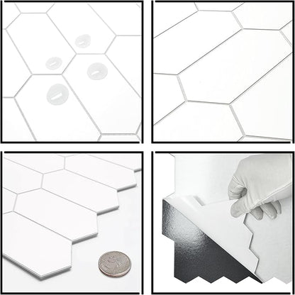 The Tiles Plaza 10-Sheet Peel and Stick Backsplash, White Long Hexagon Self Adhesive Wall Tile, Stone Composite Stick On Decorative Mosaic Tile for Kitchen Bathroom Fireplace