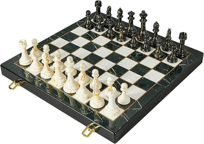 15" Large Chess Set for Adults- Weighted Acrylic Pieces Including Extra 2 Queens, 3.5" King w/Leather Base, Portable Folding Marbling Wooden Chess Board - Travel/Family Game & Elegant Gift