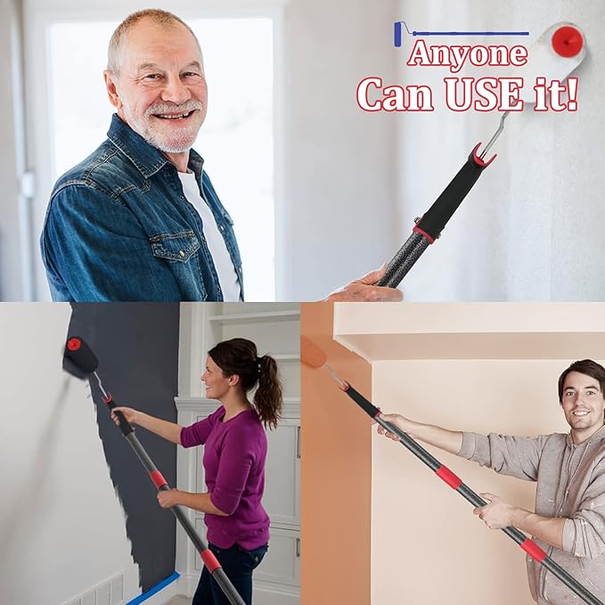 Paint Roller Extension Pole,96inch Brush kit Multi-Function Paint Roller kit Cleaner with House Paint Rollers Brush Stainless Steel Pole,Mural Brush for Walls and Ceiling Paint Roller no drip Grey