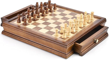 AMEROUS 12.8" x 12.8" Magnetic Wooden Chess Set with 2 Built-in Storage Drawers - 2 Bonus Extra Queens - Gift Packaging - Staunton Chess Pieces, Board Games Chess Sets for Adults and Kids