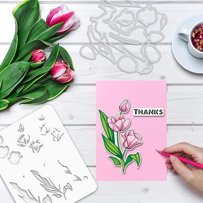 ORIGACH Realistic Tulips Stamps and Die and Layering Coloring Stencil Bundle for Card Making Album Arts Crafts Supplies