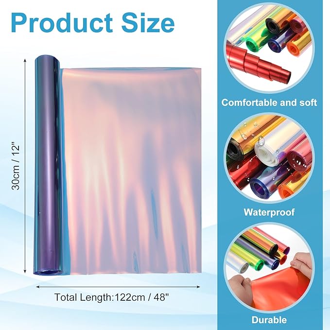 MECCANIXITY Holographic Clear PVC Vinyl Film Holographic PVC Fabric Waterproof Dichroic Film 12 x 48 Inch for Handbags Bows Earrings DIY Craft,Laser Blue